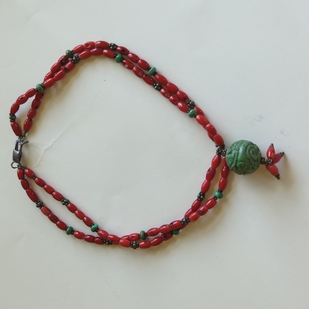 Vintage Asian Turquoise and Red Stone Necklace